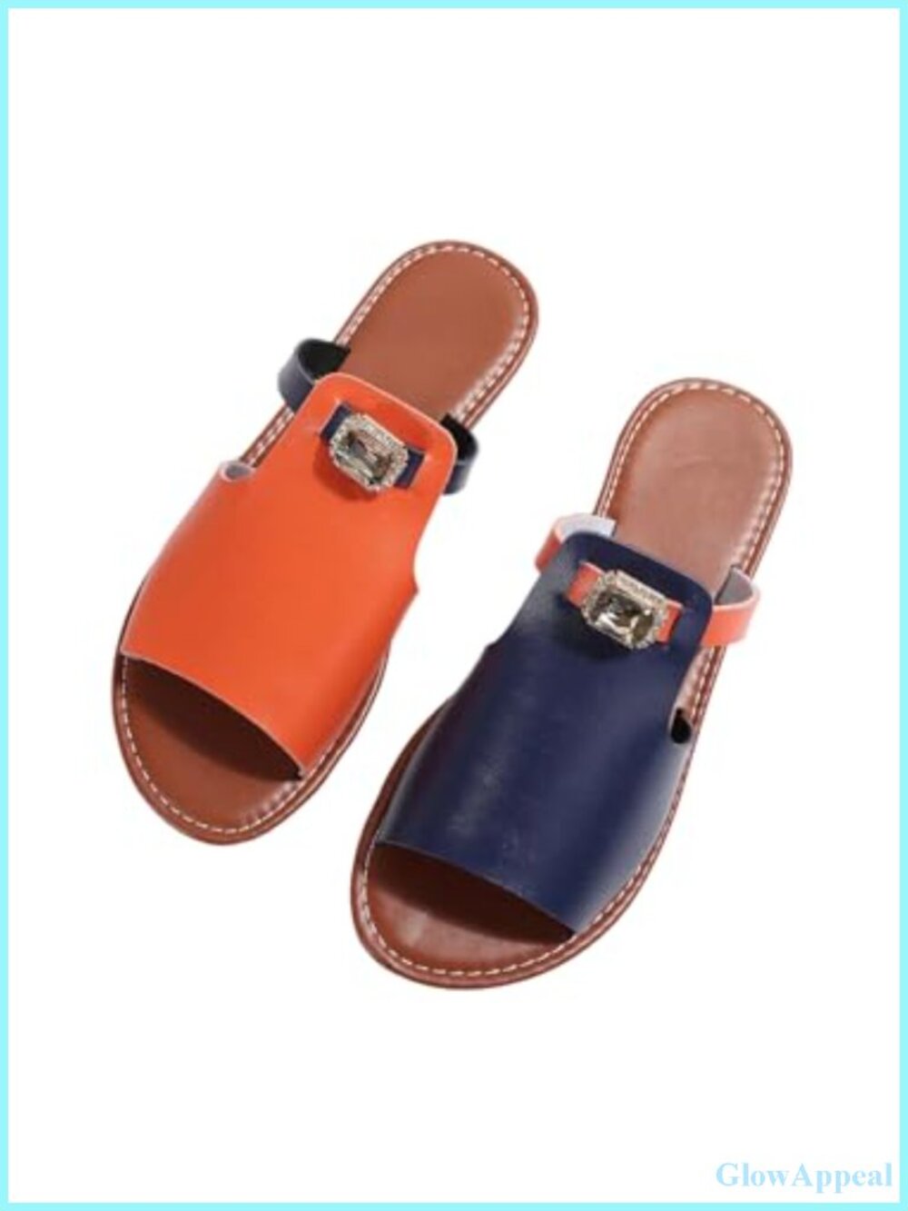 Faux Leather Rhinestone Slide Sandals Flat Dressy Vacation